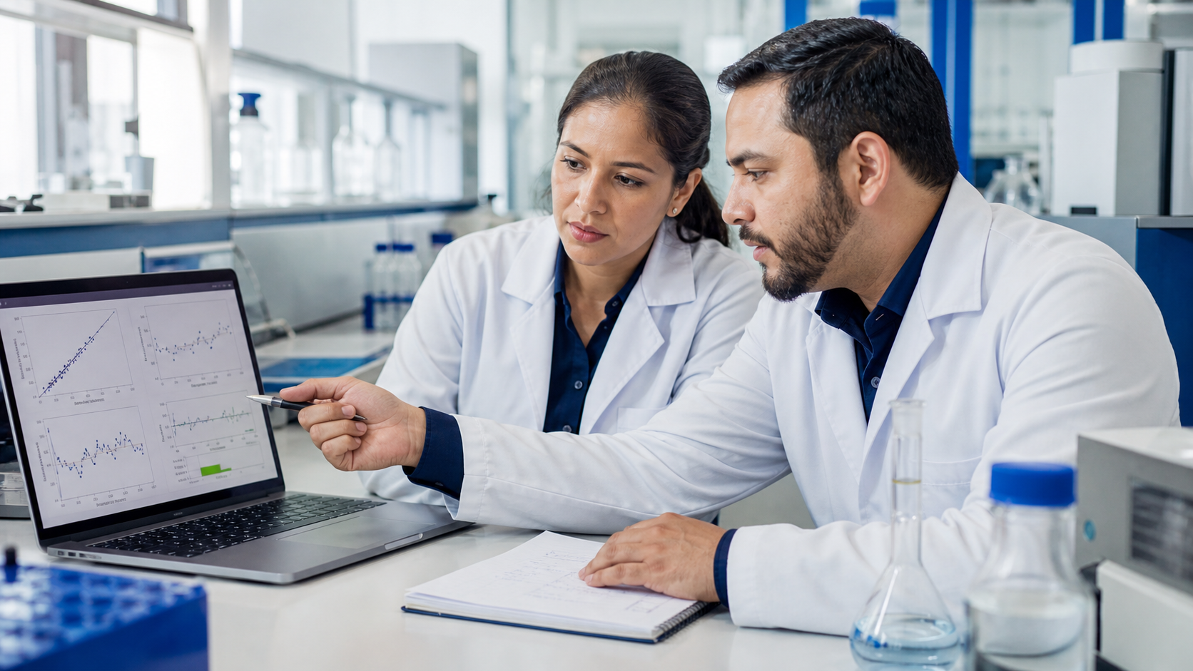 Profesionales de laboratorio revisando resultados estadísticos